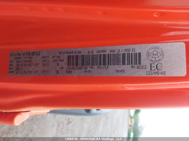 12664740 :رقم المزاد ، 1C4HJXDG7KW667194 vin ، 2019 Jeep Wrangler Unlimited Sport مزاد بيع