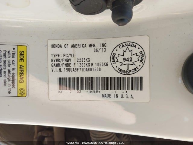 2013 Acura Tl Advance მანქანა იყიდება აუქციონზე, vin: 19UUA9F71DA801500, აუქციონის ნომერი: 12664746