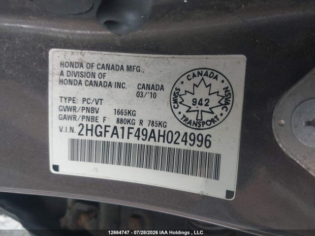2010 Honda Civic Dx-g მანქანა იყიდება აუქციონზე, vin: 2HGFA1F49AH024996, აუქციონის ნომერი: 12664747