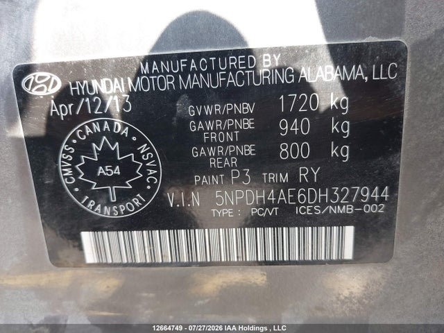 Продаж на аукціоні авто 2013 Hyundai Elantra Gls/limited, vin: 5NPDH4AE6DH327944, номер лоту: 12664749