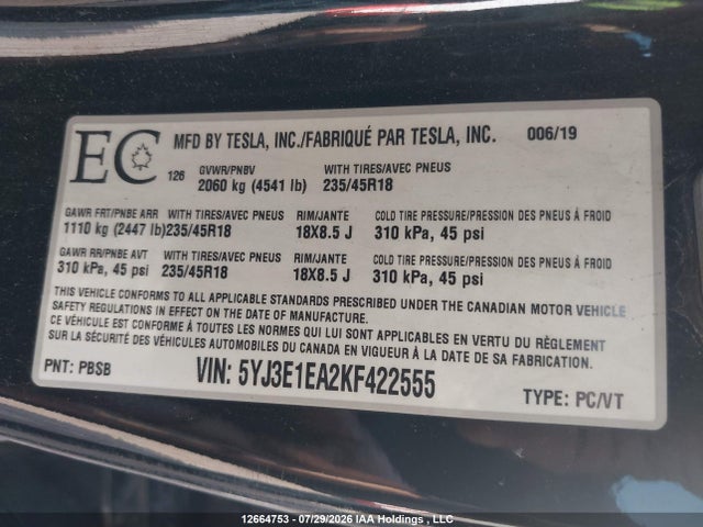 Tesla Model 3 Long Range/mid Range/standard Range/standard Range Plus 2019 5YJ3E1EA2KF422555 Image 9