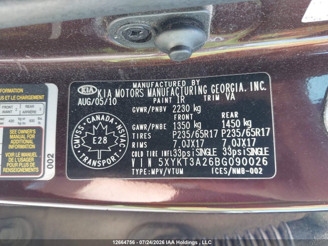 Aukcja sprzedaży 2011 Kia Sorento Lx V6, vin: 5XYKT3A26BG090026, numer aukcji: 12664756