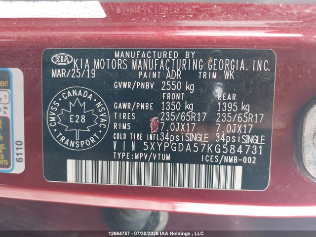 12664757 :رقم المزاد ، 5XYPGDA57KG584731 vin ، 2019 Kia Sorento Lx/s مزاد بيع