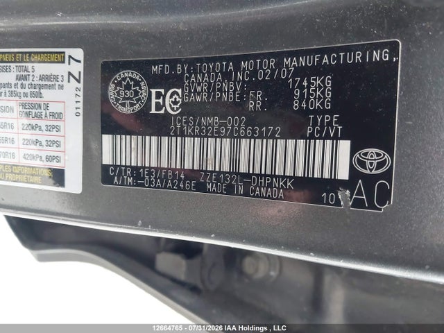 Aukcja sprzedaży 2007 Toyota Corolla Matrix Xr, vin: 2T1KR32E97C663172, numer aukcji: 12664765
