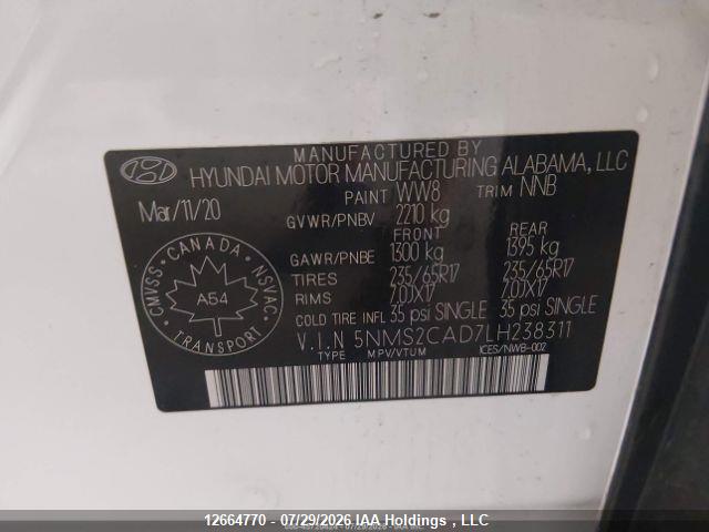 Aukcja sprzedaży 2020 Hyundai Santa Fe Se, vin: 5NMS2CAD7LH238311, numer aukcji: 12664770