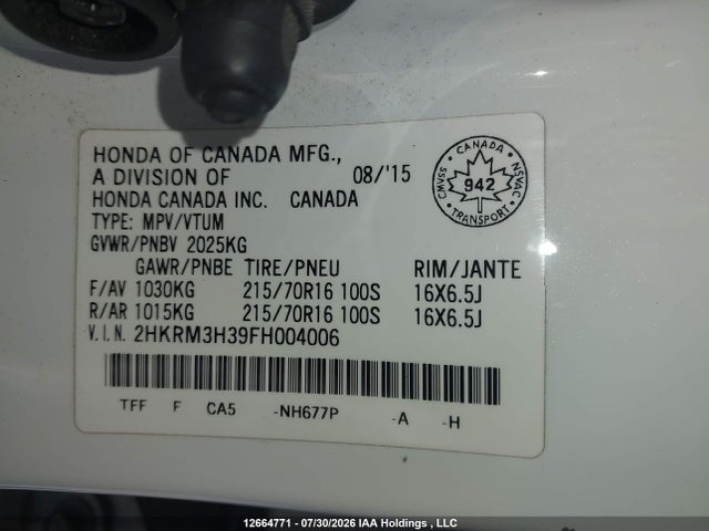 Aukcja sprzedaży 2015 Honda Cr-v Lx, vin: 2HKRM3H39FH004006, numer aukcji: 12664771
