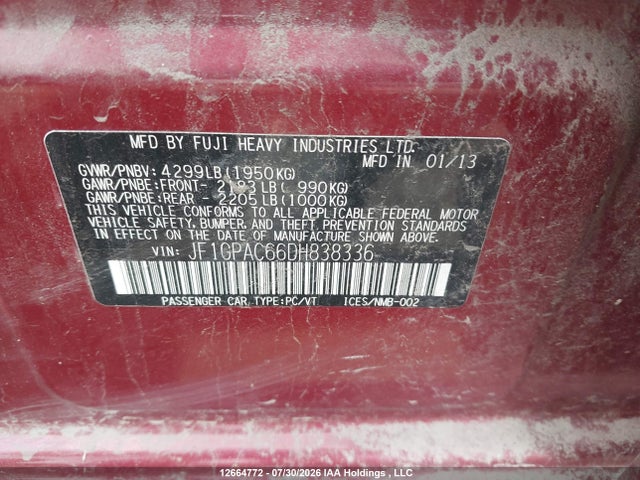 Aukcja sprzedaży 2013 Subaru Impreza Premium, vin: JF1GPAC66DH838336, numer aukcji: 12664772
