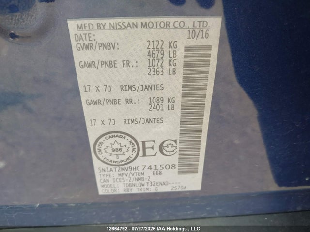 5N1AT2MV9HC741508 Nissan Rogue Sv/sl