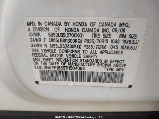 Продаж на аукціоні авто 2007 Honda Pilot Ex-l, vin: 2HKYF18557H504063, номер лоту: 12664797