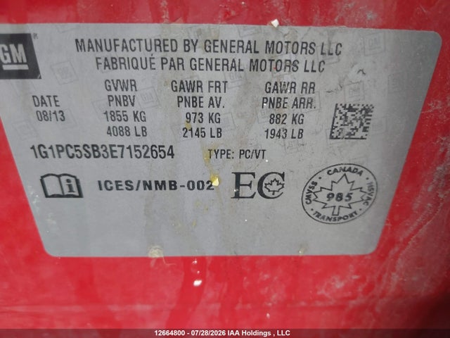 1G1PC5SB3E7152654 Chevrolet Cruze 1lt