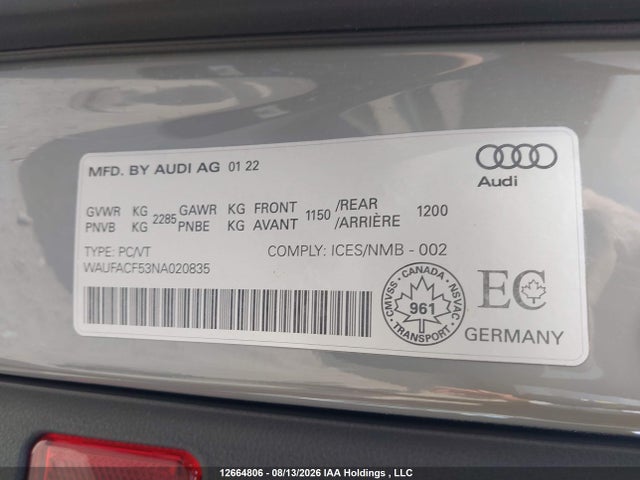 12664806 :رقم المزاد ، WAUFACF53NA020835 vin ، 2022 Audi A5 45 Progressiv مزاد بيع