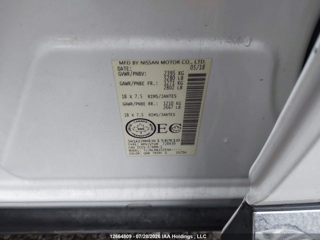 12664809 :رقم المزاد ، 5N1AZ2MH8JN156910 vin ، 2018 Nissan Murano Midnight Edition/platinum/sl/sv مزاد بيع