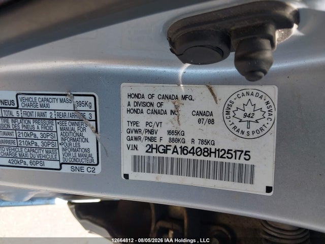 2008 Honda Civic Dx-g მანქანა იყიდება აუქციონზე, vin: 2HGFA16408H125175, აუქციონის ნომერი: 12664812