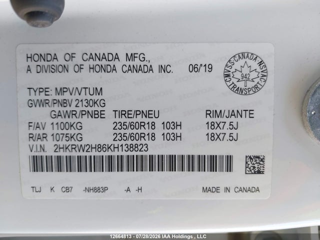 Honda Cr-v Ex-l 2019 2HKRW2H86KH138823 Image 19