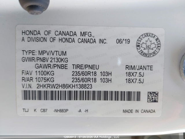 Honda Cr-v Ex-l 2019 2HKRW2H86KH138823 Image 9