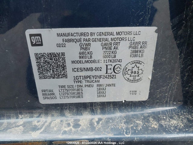 12664820 :رقم المزاد ، 1GT19PEY0NF242521 vin ، 2022 Gmc Sierra K2500 At4 مزاد بيع