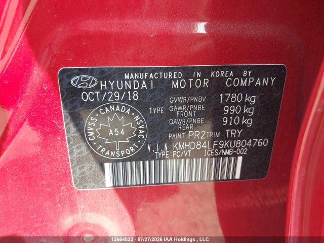 KMHD84LF9KU804760 Hyundai Elantra