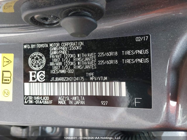 12664831 :رقم المزاد ، JTJBARBZ2H2124175 vin ، 2017 Lexus Nx 200t 200t مزاد بيع