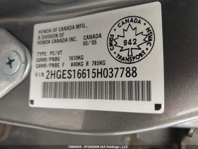 Auction sale of the 2005 Honda Civic Lx, vin: 2HGES16615H037788, lot number: 12664835
