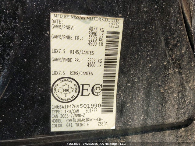 Aukcja sprzedaży 2016 Nissan Titan Xd Platinum Reserve/pro-4x/s/sl/sv, vin: 1N6BA1F42GN501990, numer aukcji: 12664836