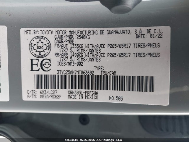 Aukcja sprzedaży 2022 Toyota Tacoma, vin: 3TYCZ5AN7NT063602, numer aukcji: 12664844