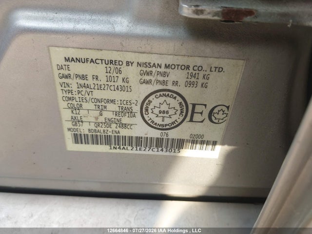 2007 Nissan Altima მანქანა იყიდება აუქციონზე, vin: 1N4AL21E27C143015, აუქციონის ნომერი: 12664846