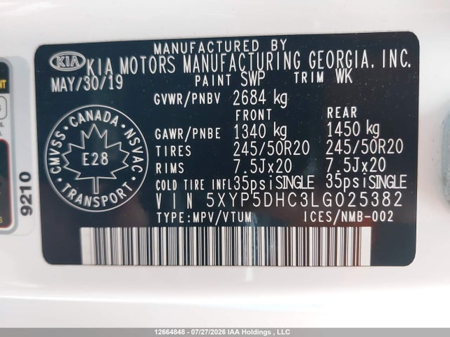 Продажа на аукционе авто 2020 Kia Telluride Sx/sx Limited/sx Limited W/nappa, vin: 5XYP5DHC3LG025382, номер лота: 12664848