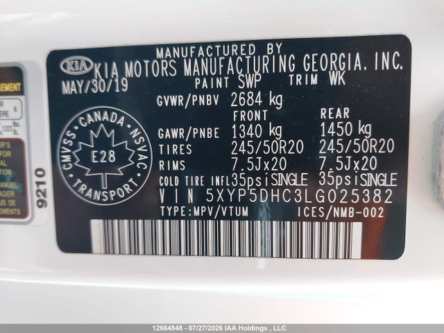 Продажа на аукционе авто 2020 Kia Telluride Sx/sx Limited/sx Limited W/nappa, vin: 5XYP5DHC3LG025382, номер лота: 12664848