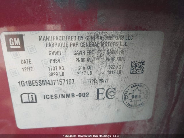 2018 Chevrolet Cruze მანქანა იყიდება აუქციონზე, vin: 1G1BE5SM4J7157197, აუქციონის ნომერი: 12664850