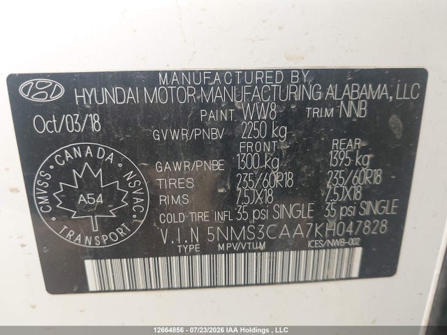 Aukcja sprzedaży 2019 Hyundai Santa Fe Sel/sel Plus, vin: 5NMS3CAA7KH047828, numer aukcji: 12664856