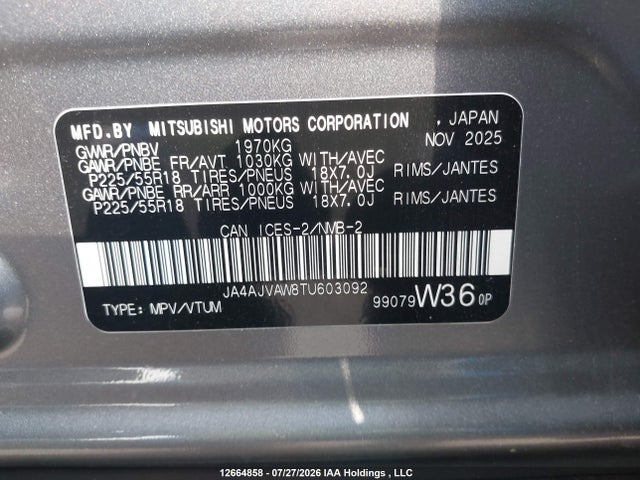 Продаж на аукціоні авто 2026 Mitsubishi Rvr Gt Awc/noir Awc/se Awc/sel Awc, vin: JA4AJVAW8TU603092, номер лоту: 12664858