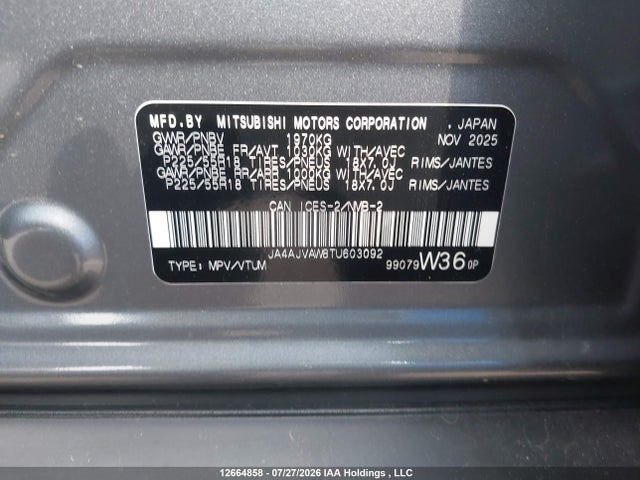 Продаж на аукціоні авто 2026 Mitsubishi Rvr Gt Awc/noir Awc/se Awc/sel Awc, vin: JA4AJVAW8TU603092, номер лоту: 12664858