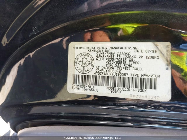 12664861 :رقم المزاد ، 4T3ZF13CXYU190057 vin ، 2000 Toyota Sienna Le/xle مزاد بيع
