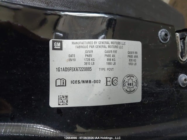 Aukcja sprzedaży 2010 Chevrolet Cobalt Lt W/1sa, vin: 1G1AD5F5XA7220885, numer aukcji: 12664866