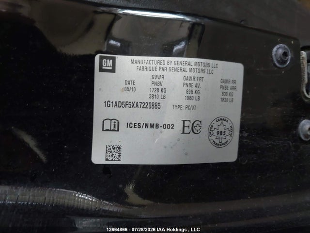 Aukcja sprzedaży 2010 Chevrolet Cobalt Lt W/1sa, vin: 1G1AD5F5XA7220885, numer aukcji: 12664866