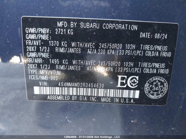 2024 Subaru Ascent Touring მანქანა იყიდება აუქციონზე, vin: 4S4WMAWD2R3454630, აუქციონის ნომერი: 12664869