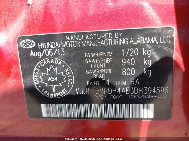 Aukcja sprzedaży 2013 Hyundai Elantra Limited, vin: 5NPDH4AE3DH394596, numer aukcji: 12664871