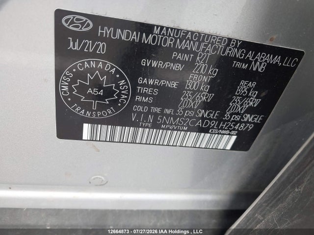 12664873 :رقم المزاد ، 5NMS2CAD9LH254879 vin ، 2020 Hyundai Santa Fe Essential Awd With Smartsense Package مزاد بيع