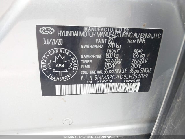 12664873 :رقم المزاد ، 5NMS2CAD9LH254879 vin ، 2020 Hyundai Santa Fe Essential Awd With Smartsense Package مزاد بيع