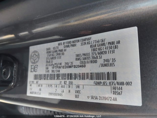 Продажа на аукционе авто 2021 Ford F-150 Xlt, vin: 1FTFW1ED0MFB20460, номер лота: 12664876
