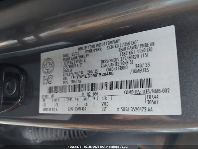 Продажа на аукционе авто 2021 Ford F-150 Xlt, vin: 1FTFW1ED0MFB20460, номер лота: 12664876