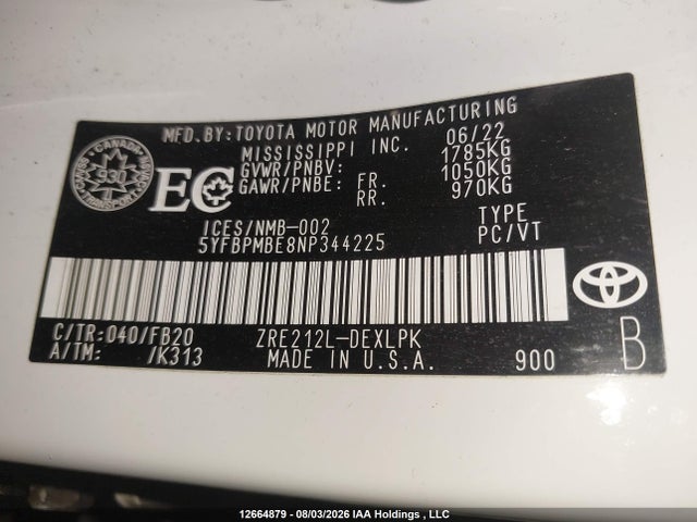 Продажа на аукционе авто 2022 Toyota Corolla Le/xle, vin: 5YFBPMBE8NP344225, номер лота: 12664879