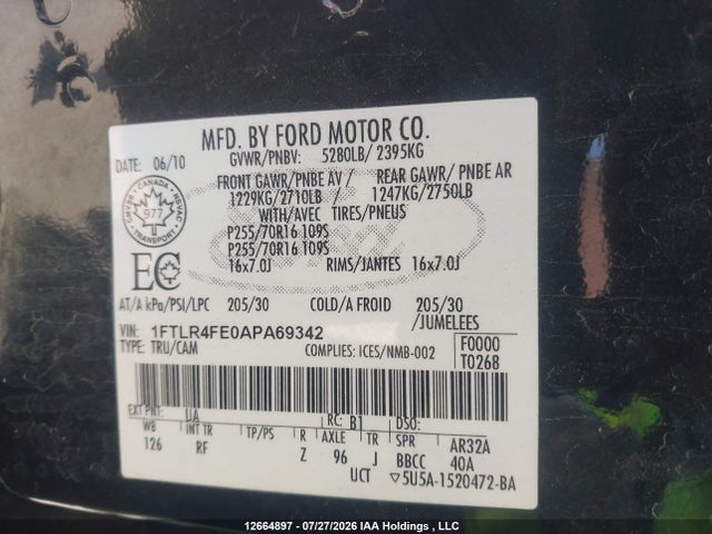 Aukcja sprzedaży 2010 Ford Ranger Super Cab, vin: 1FTLR4FE0APA69342, numer aukcji: 12664897