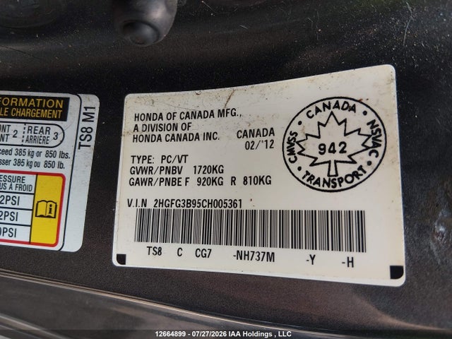12664899 :رقم المزاد ، 2HGFG3B95CH005361 vin ، 2012 Honda Civic مزاد بيع