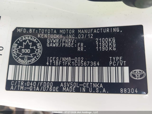 2012 Toyota Camry Le მანქანა იყიდება აუქციონზე, vin: 4T1BF1FK1CU567364, აუქციონის ნომერი: 12664900