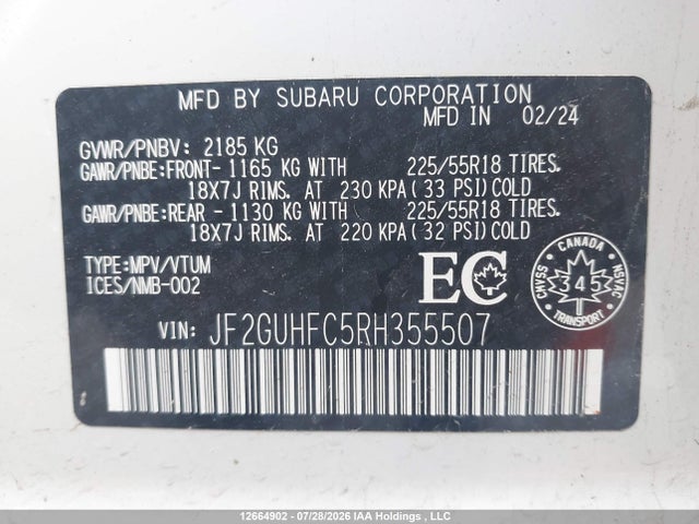 Aukcja sprzedaży 2024 Subaru Crosstrek Sport, vin: JF2GUHFC5RH355507, numer aukcji: 12664902