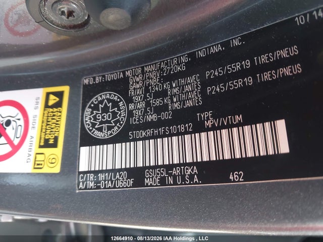 Aukcja sprzedaży 2015 Toyota Highlander Limited/ltd Platinum, vin: 5TDDKRFH1FS101812, numer aukcji: 12664910
