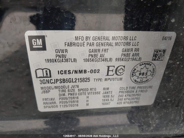 12664917 :رقم المزاد ، 3GNCJPSB6GL215825 vin ، 2016 Chevrolet Trax 1lt مزاد بيع