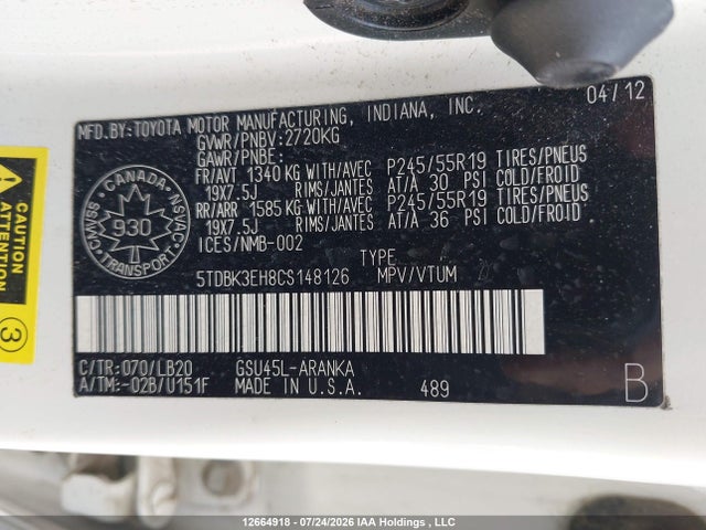 12664918 :رقم المزاد ، 5TDBK3EH8CS148126 vin ، 2012 Toyota Highlander V6 مزاد بيع