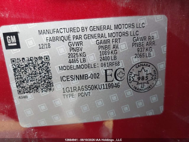 2019 Chevrolet Volt Lt მანქანა იყიდება აუქციონზე, vin: 1G1RA6S50KU119946, აუქციონის ნომერი: 12664941